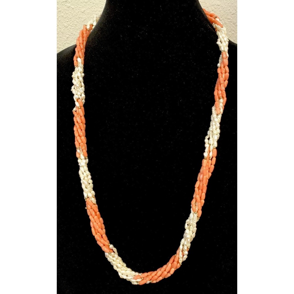 Vintage Antique Pink Salmon Coral And Rice Pearl With 14K Beads Necklace 28" L